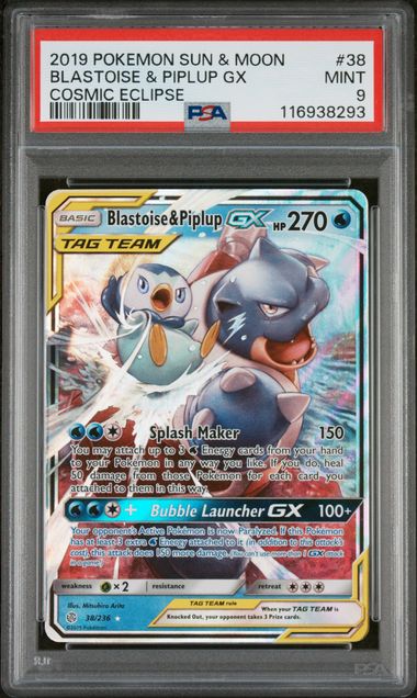 PSA 9 Cosmic Eclipse Blastoise & Piplup GX #38